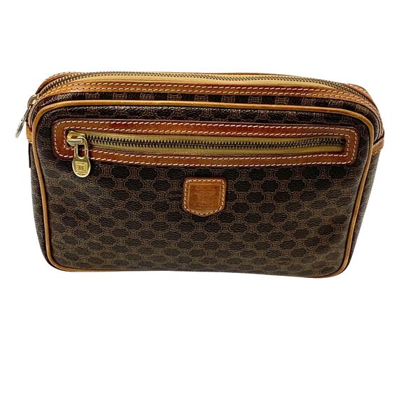 Vintage Celine Triomphe Macadam Clutch Brown Leather Canvas Wrist Handbag Unisex - Picture 2 of 15